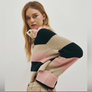 BASSIKE STRIPE CHUNKY OVERSIZED‎ KNIT Turtleneck Wool Sweater